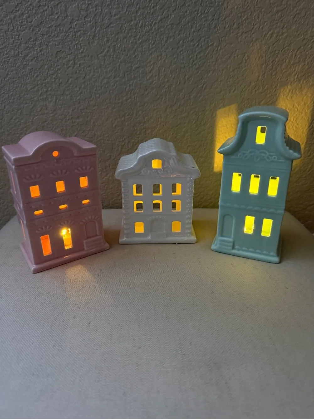 Set-of-3 Ceramic Light-up Village Pieces, 4.5”-6.25” high, bottom on/off switch
